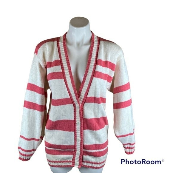 Diane Von Furstenberg Y2K Vintage White & Pink Striped Sweater Cardigan Sz 4 - Picture 4 of 7